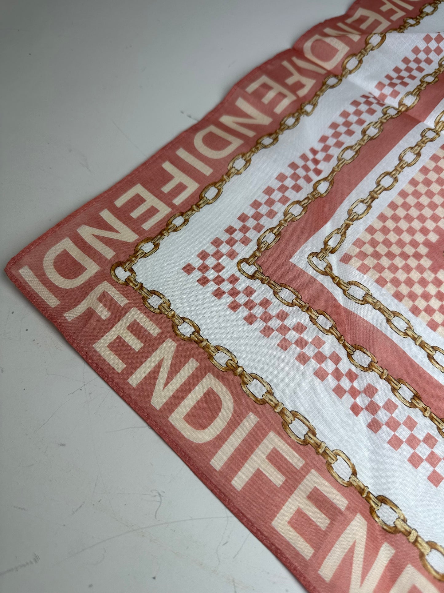 Vintage Fendi FF Logo Silk Scarf Coral White Gold-Tone c. 2000