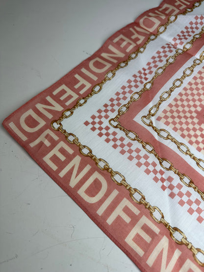 Vintage Fendi FF Logo Silk Scarf Coral White Gold-Tone c. 2000