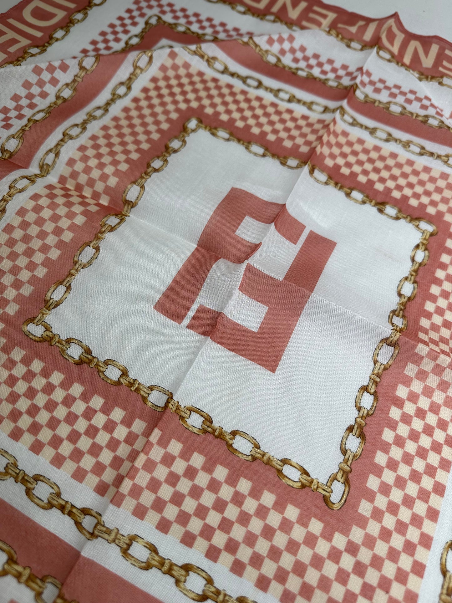 Vintage Fendi FF Logo Silk Scarf Coral White Gold-Tone c. 2000
