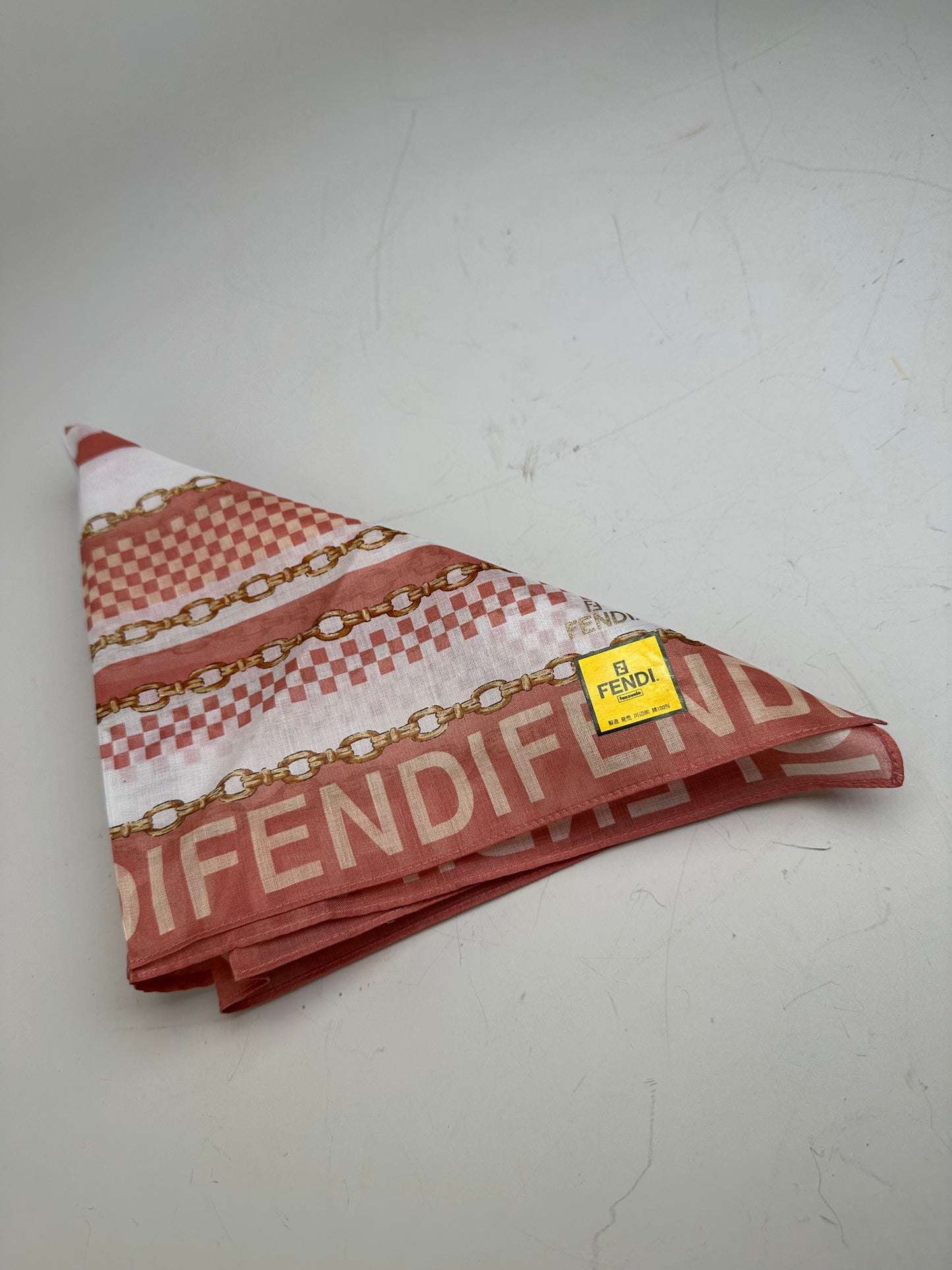 Vintage Fendi FF Logo Silk Scarf Coral White Gold-Tone c. 2000