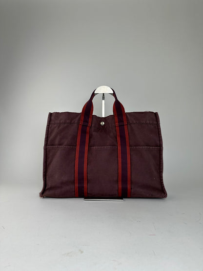 Vintage Hermes Fourre Tout Canvas Tote Bag Burgundy Red