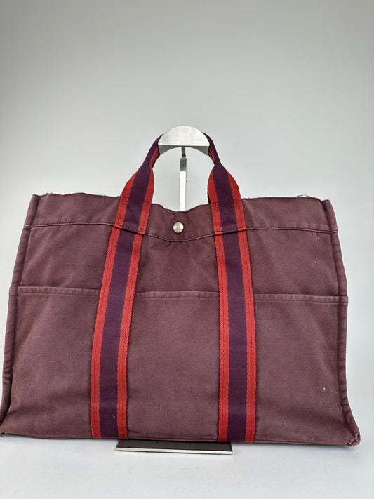 Vintage Hermes Fourre Tout Canvas Tote Bag Burgundy Red