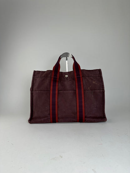 Vintage Hermes Fourre Tout Canvas Tote Bag Burgundy Red