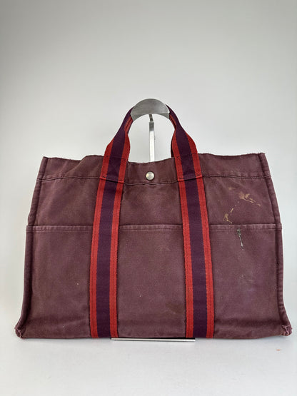 Vintage Hermes Fourre Tout Canvas Tote Bag Burgundy Red
