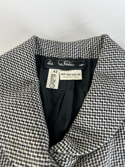 Vintage Ferragamo Houndstooth Wool Jacket Black White M