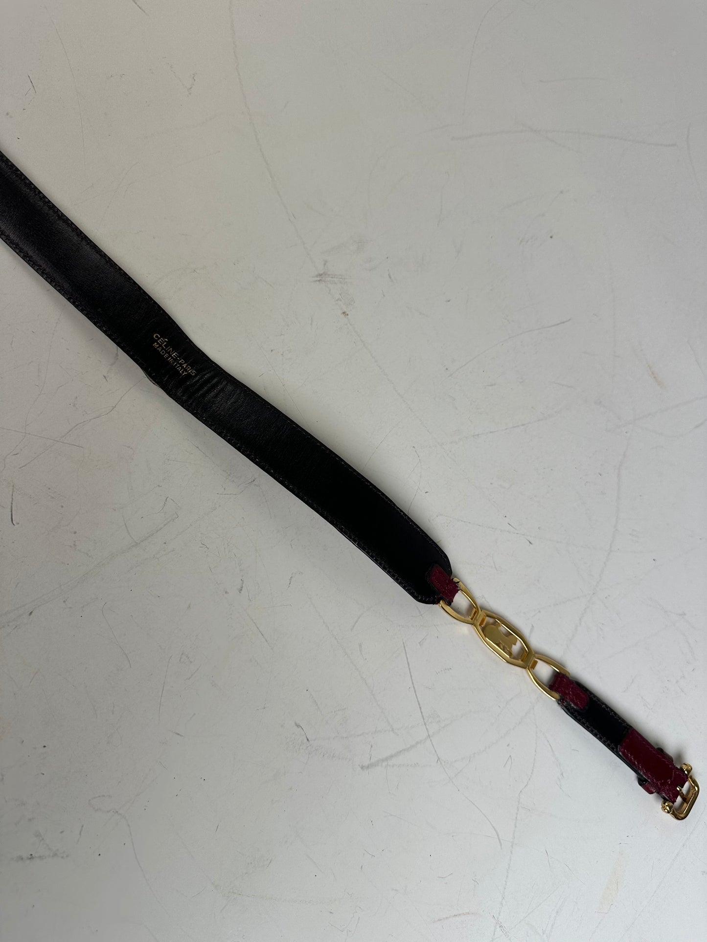 Vintage Celine Leather Shoulder Strap Black Burgundy Gold