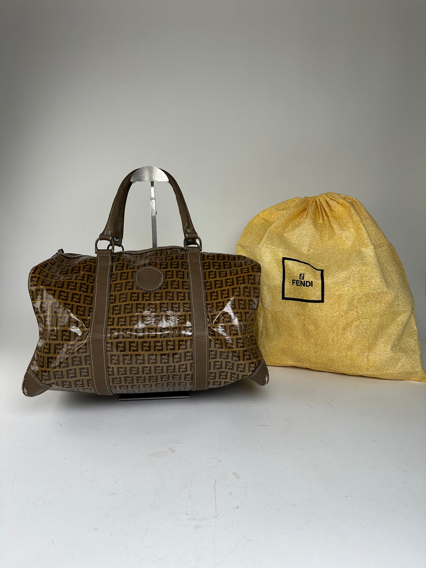 Vintage Fendi Roma Zucca FF Monogram Coated Canvas Boston Bag Brown Tan