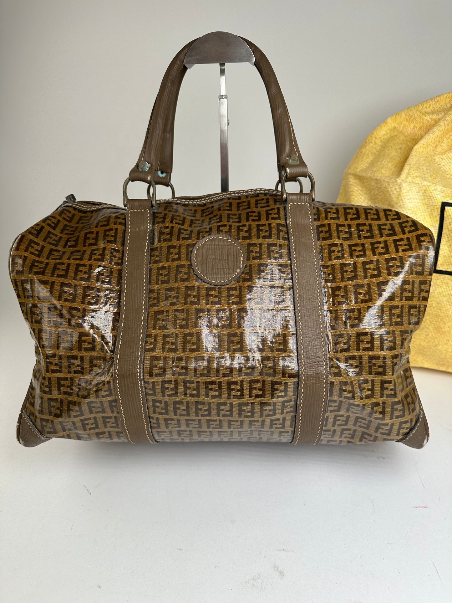 Vintage Fendi Roma Zucca FF Monogram Coated Canvas Boston Bag Brown Tan