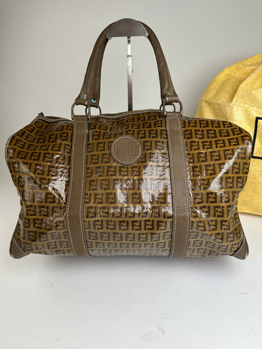 Vintage Fendi Roma Zucca FF Monogram Coated Canvas Boston Bag Brown Tan