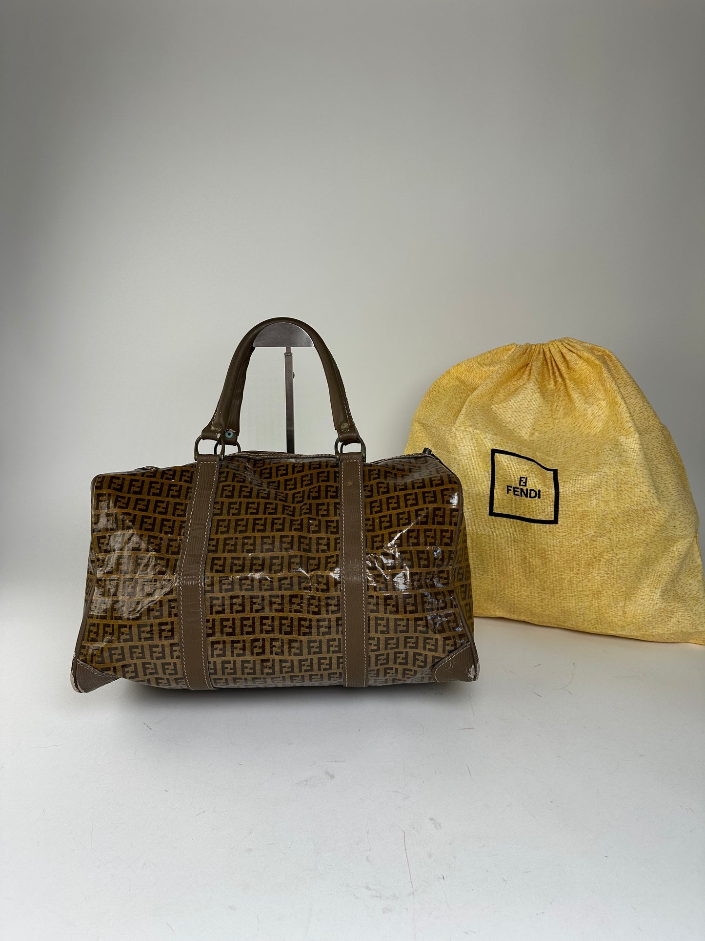 Vintage Fendi Roma Zucca FF Monogram Coated Canvas Boston Bag Brown Tan