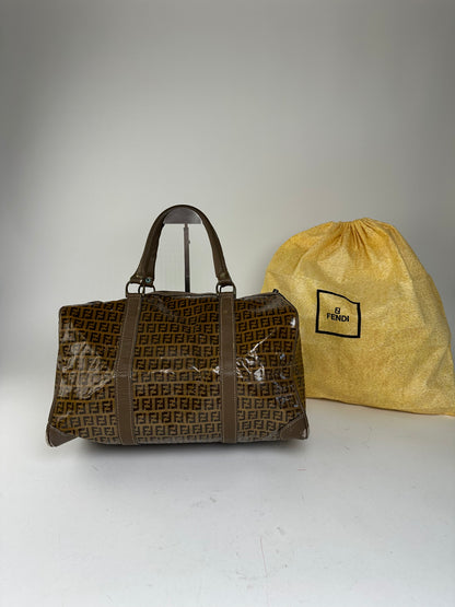 Vintage Fendi Roma Zucca FF Monogram Coated Canvas Boston Bag Brown Tan