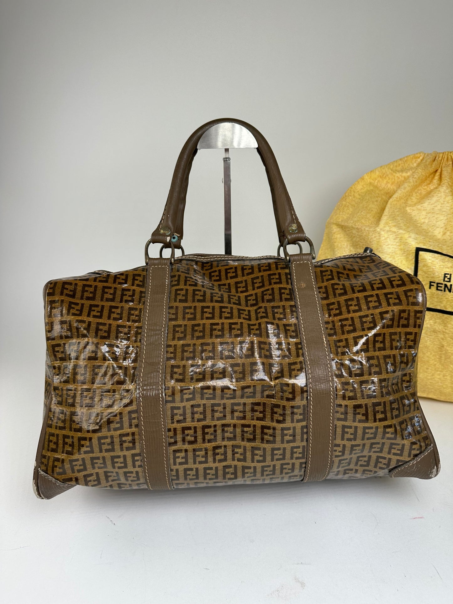 Vintage Fendi Roma Zucca FF Monogram Coated Canvas Boston Bag Brown Tan