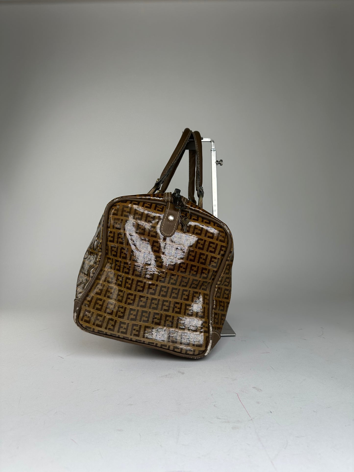 Vintage Fendi Roma Zucca FF Monogram Coated Canvas Boston Bag Brown Tan