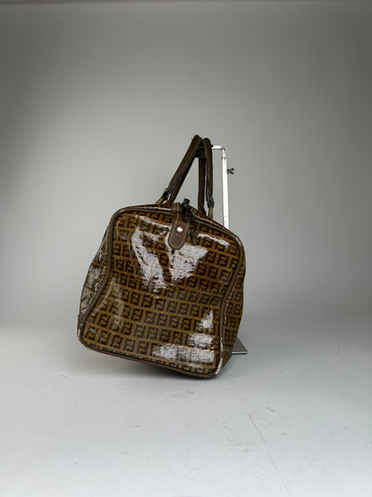 Vintage Fendi Roma Zucca FF Monogram Coated Canvas Boston Bag Brown Tan