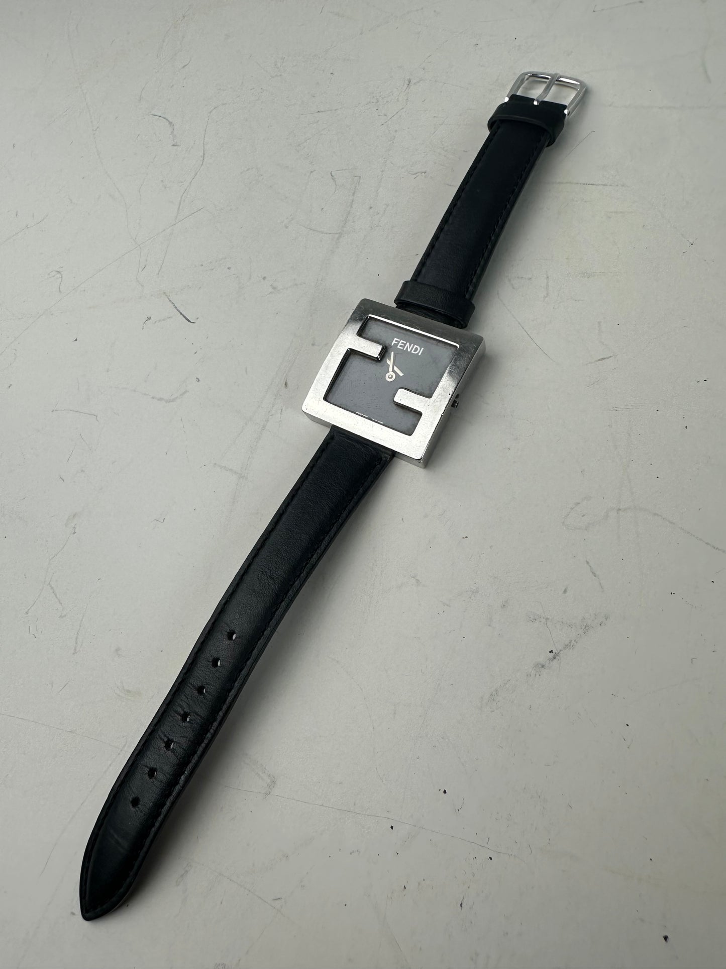Vintage Fendi Leather Strap Bracelet Watch Black Silver