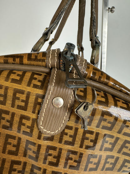 Vintage Fendi Roma Zucca FF Monogram Coated Canvas Boston Bag Brown Tan