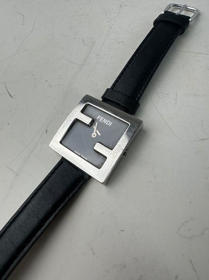 Vintage Fendi Leather Strap Bracelet Watch Black Silver