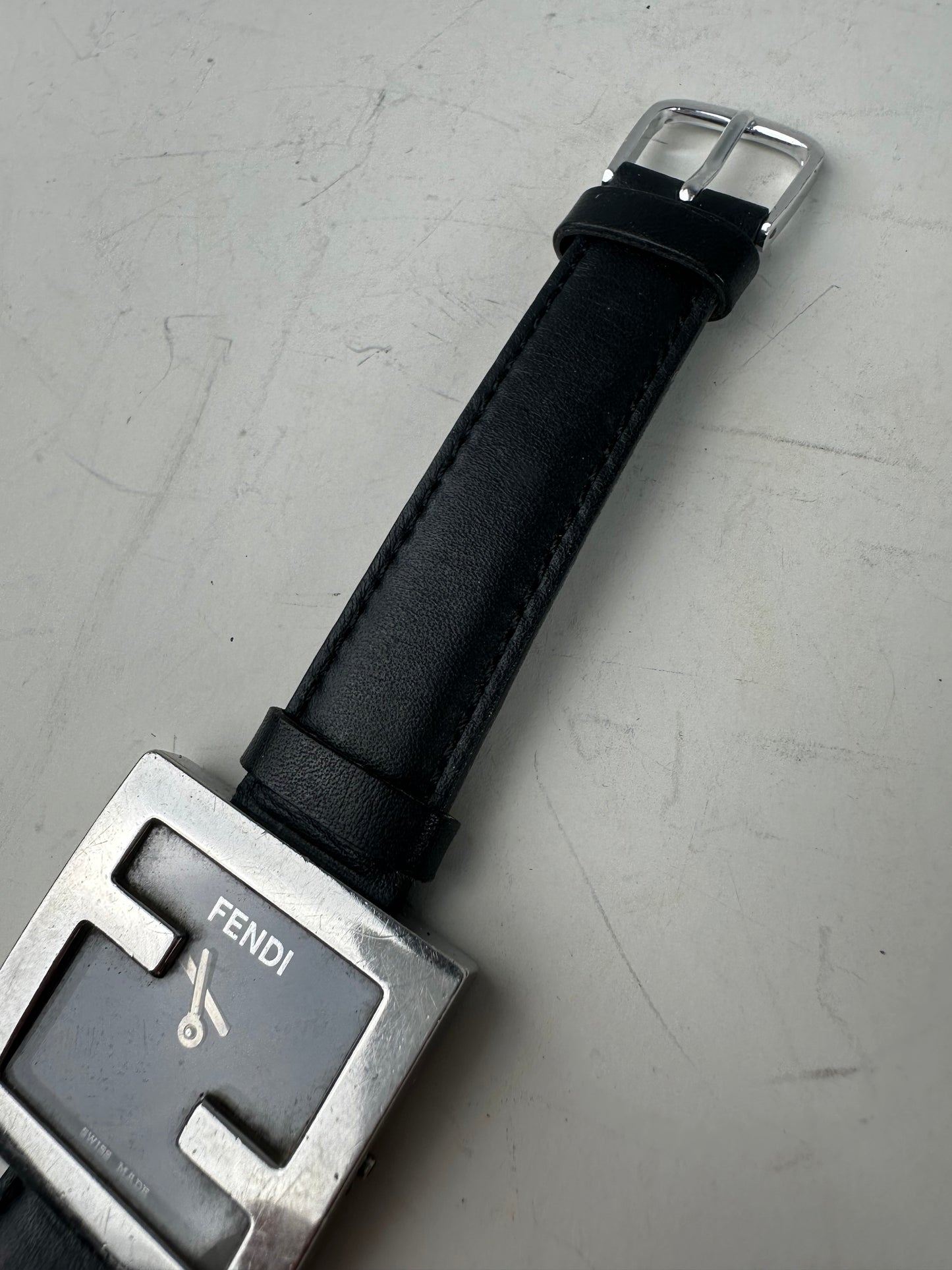 Vintage Fendi Leather Strap Bracelet Watch Black Silver