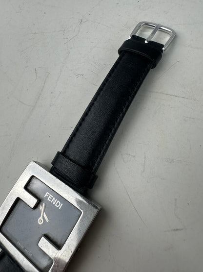 Vintage Fendi Leather Strap Bracelet Watch Black Silver