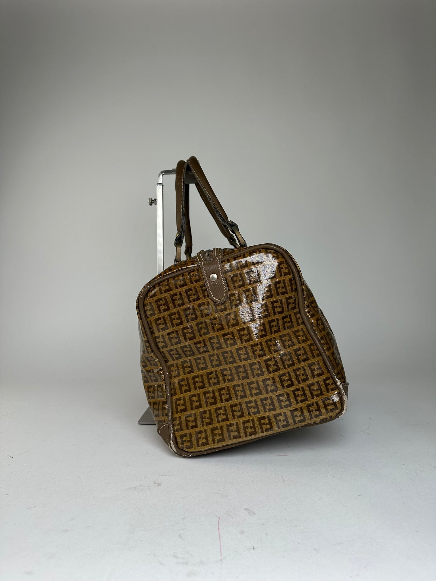 Vintage Fendi Roma Zucca FF Monogram Coated Canvas Boston Bag Brown Tan