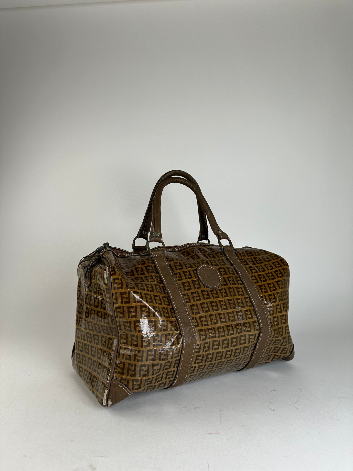 Vintage Fendi Roma Zucca FF Monogram Coated Canvas Boston Bag Brown Tan
