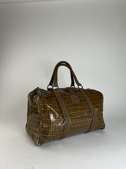 Vintage Fendi Roma Zucca FF Monogram Coated Canvas Boston Bag Brown Tan