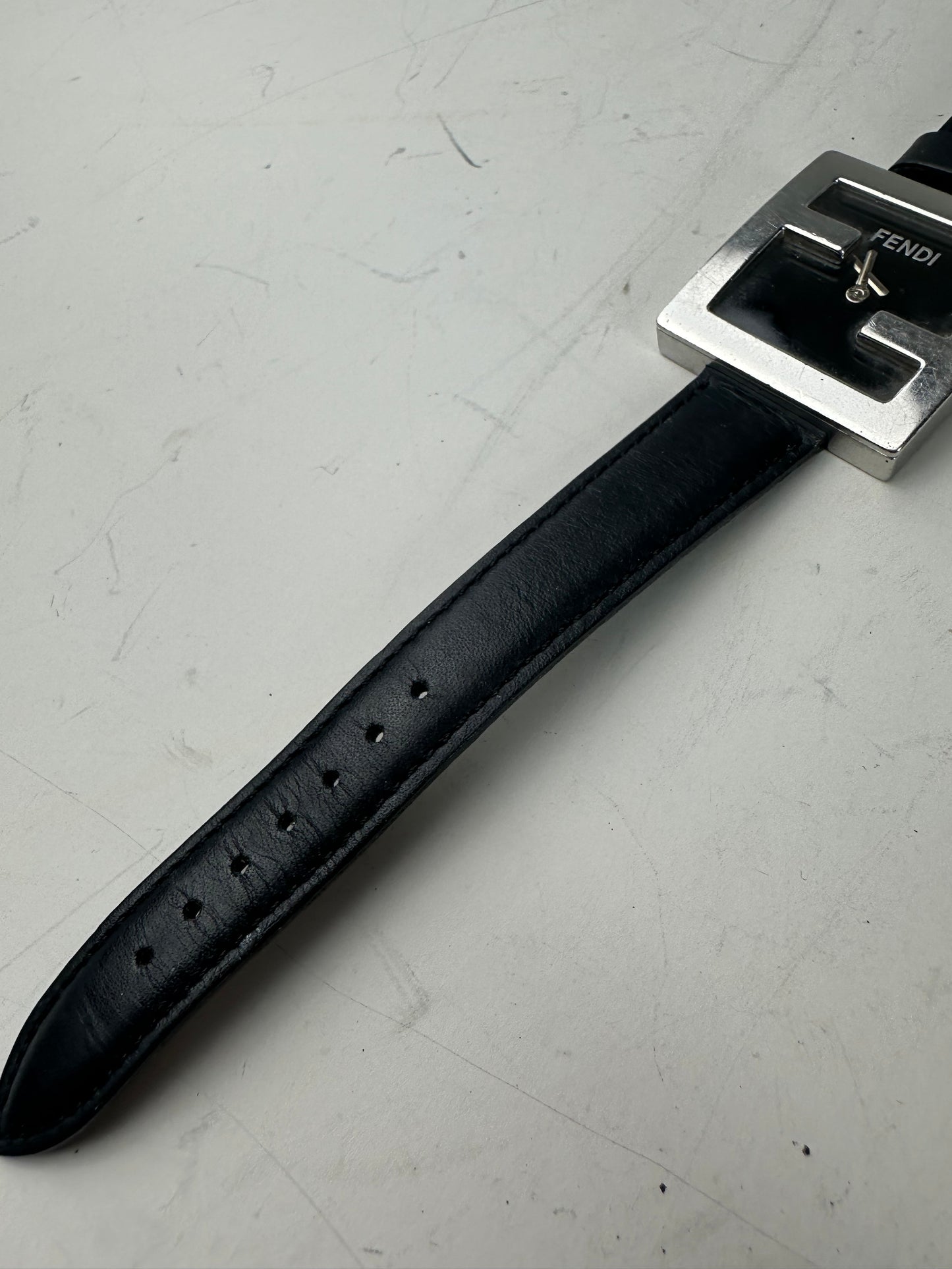 Vintage Fendi Leather Strap Bracelet Watch Black Silver