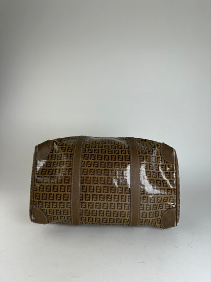 Vintage Fendi Roma Zucca FF Monogram Coated Canvas Boston Bag Brown Tan