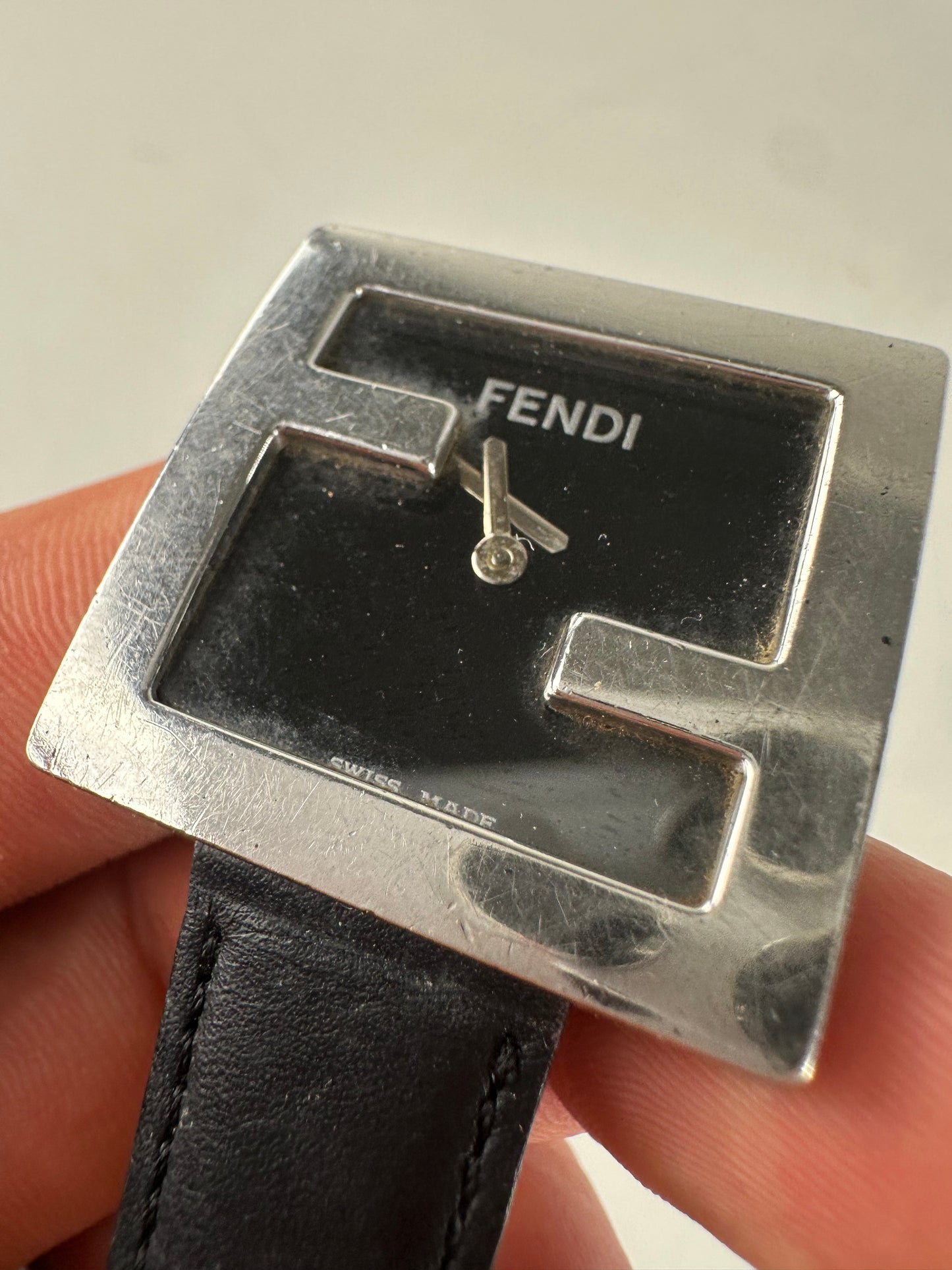 Vintage Fendi Leather Strap Bracelet Watch Black Silver