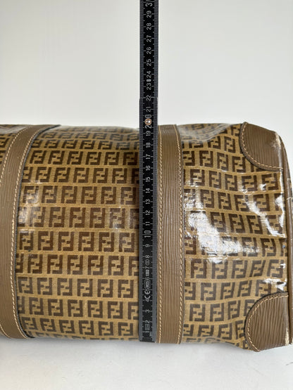 Vintage Fendi Roma Zucca FF Monogram Coated Canvas Boston Bag Brown Tan