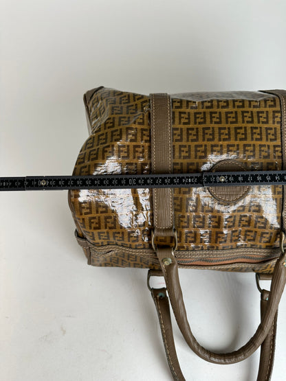 Vintage Fendi Roma Zucca FF Monogram Coated Canvas Boston Bag Brown Tan