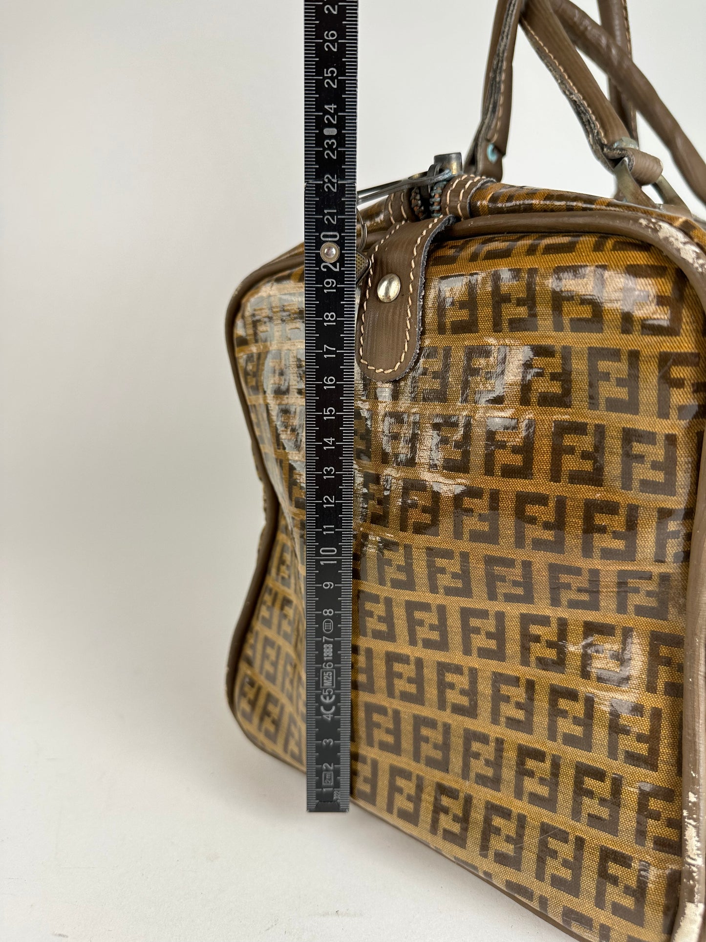 Vintage Fendi Roma Zucca FF Monogram Coated Canvas Boston Bag Brown Tan