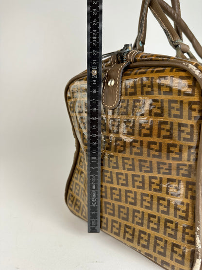Vintage Fendi Roma Zucca FF Monogram Coated Canvas Boston Bag Brown Tan