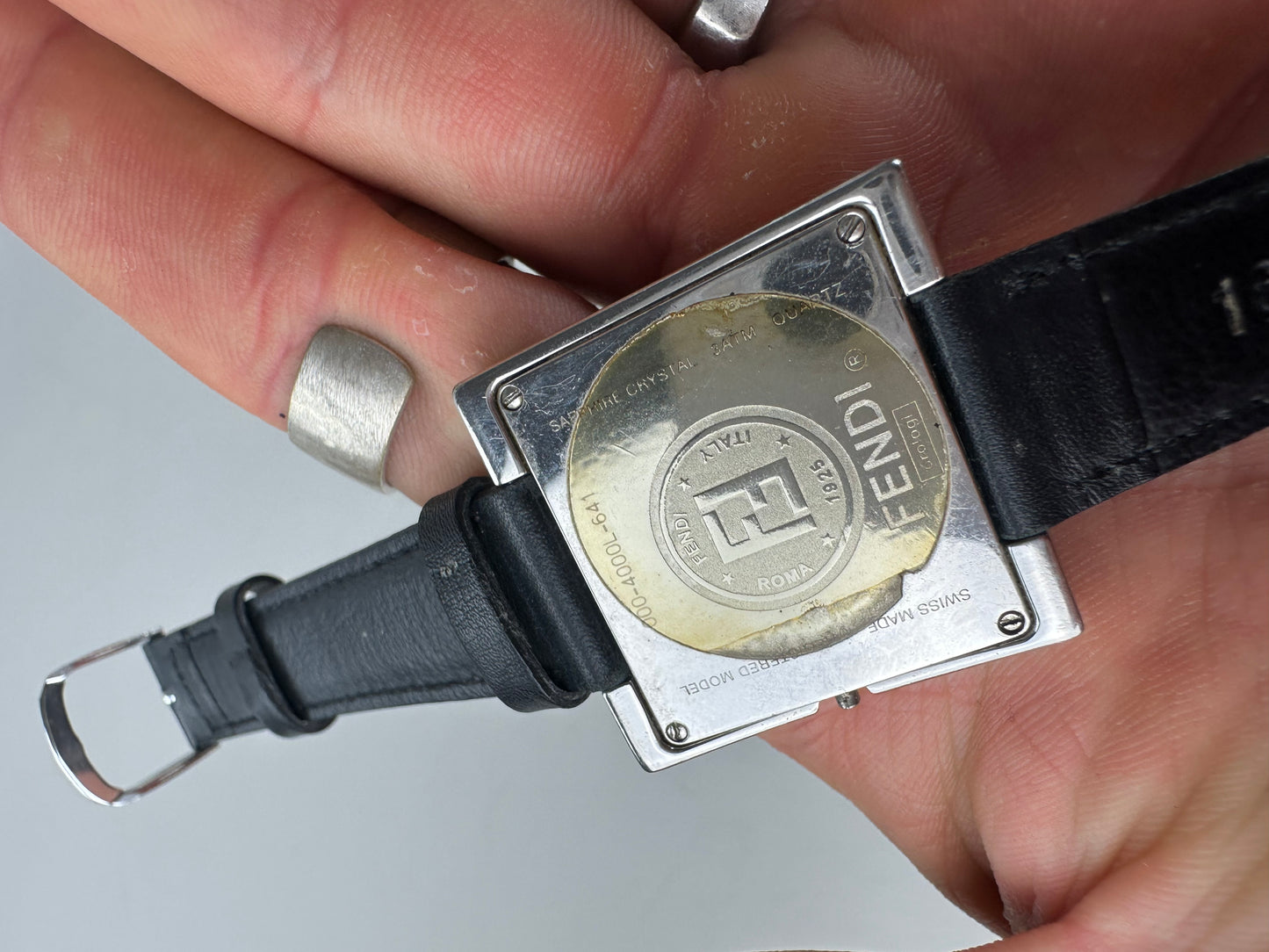 Vintage Fendi Leather Strap Bracelet Watch Black Silver