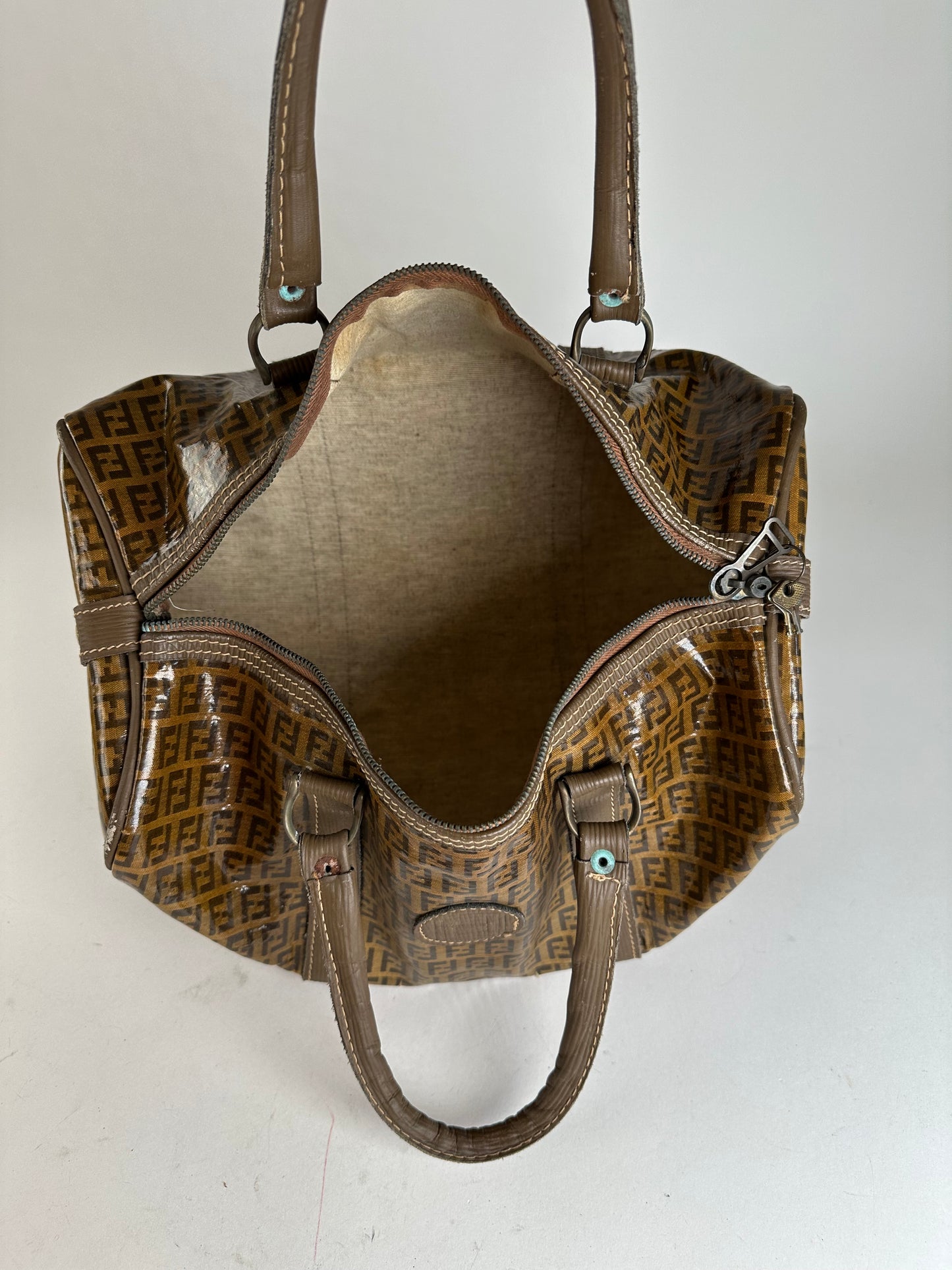 Vintage Fendi Roma Zucca FF Monogram Coated Canvas Boston Bag Brown Tan