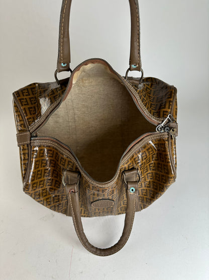 Vintage Fendi Roma Zucca FF Monogram Coated Canvas Boston Bag Brown Tan