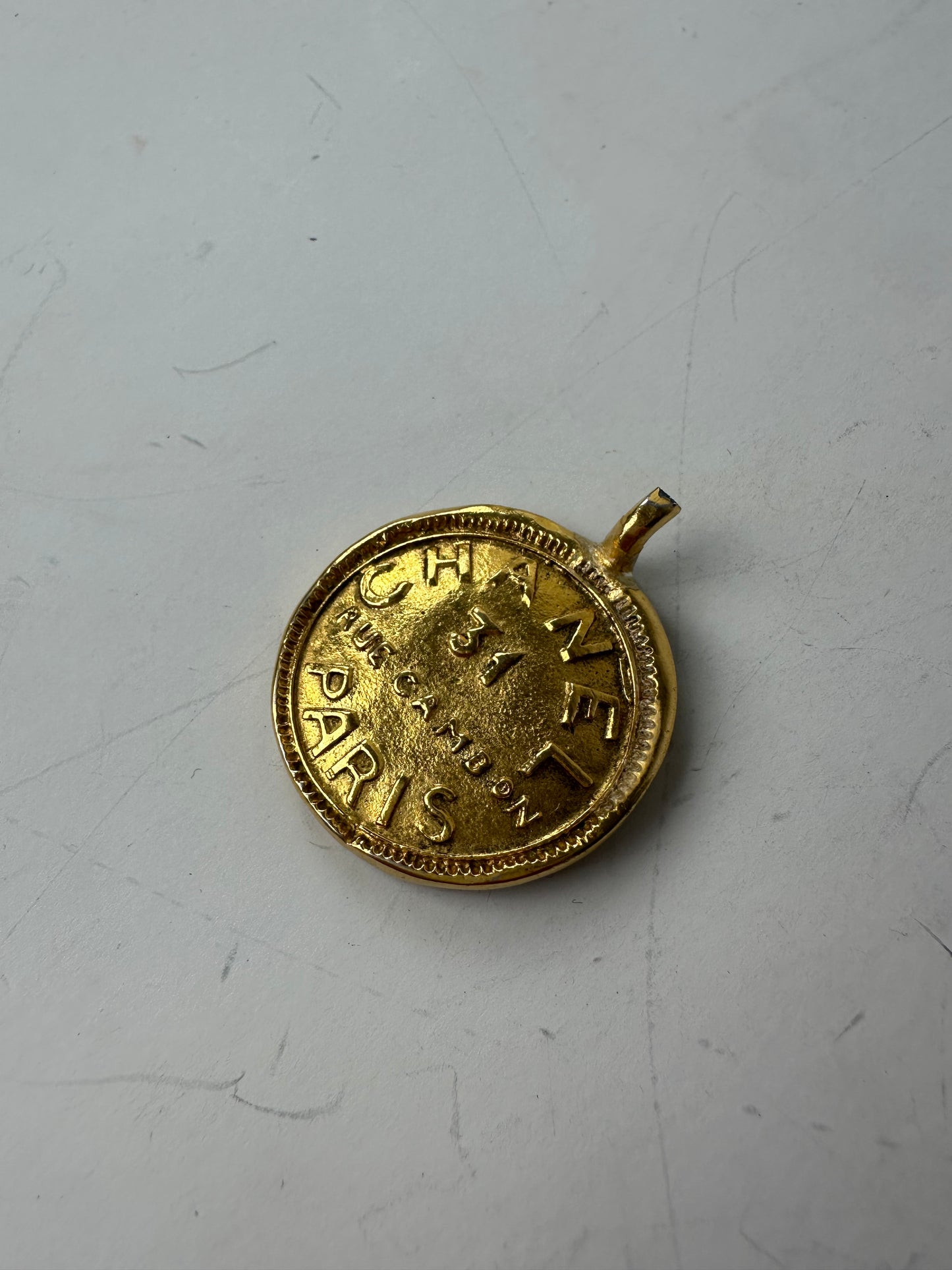 Vintage Chanel Logo Pendant Gold Brass