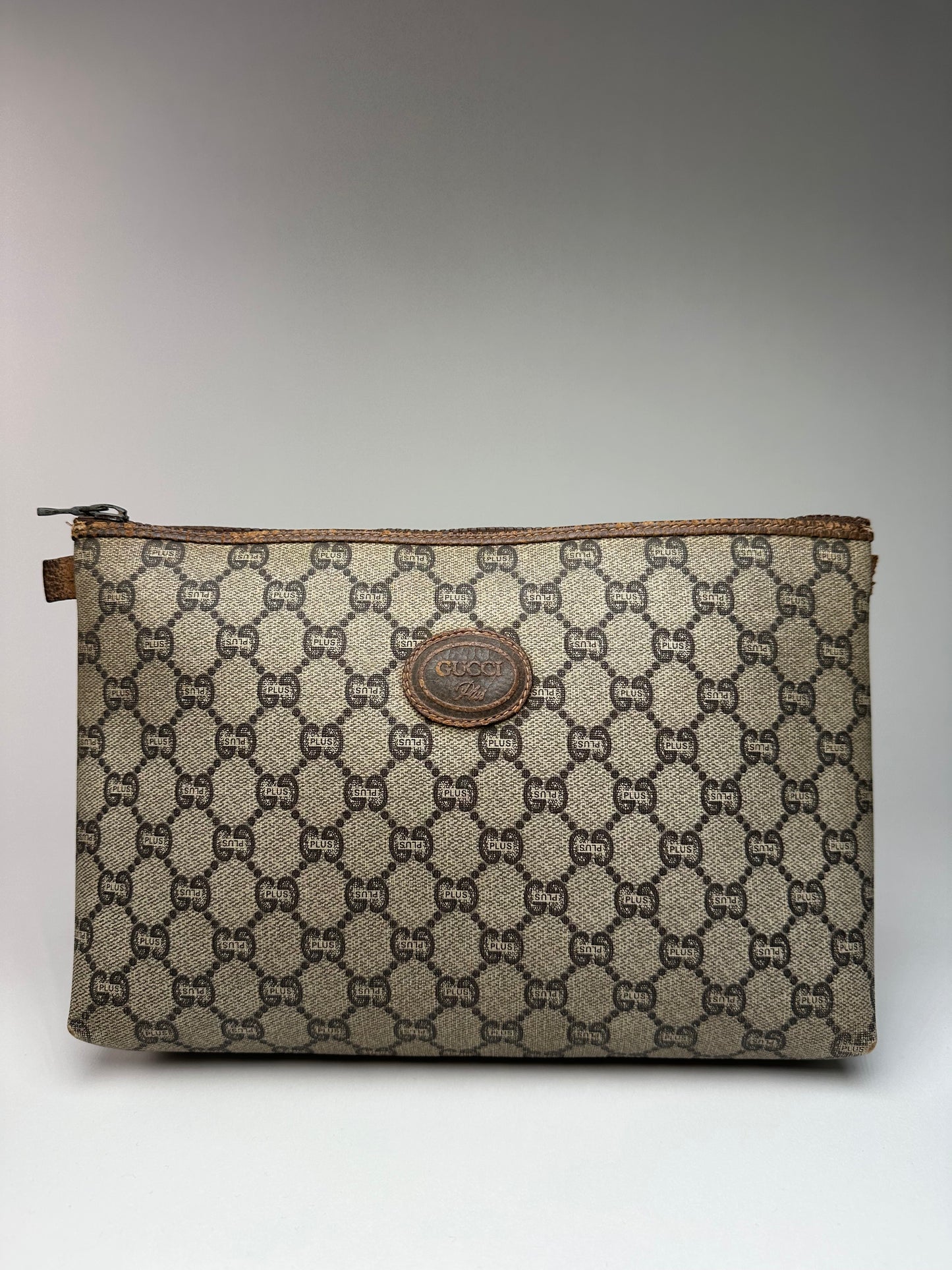 Vintage Gucci Monogram Leather Clutch Grey Brown