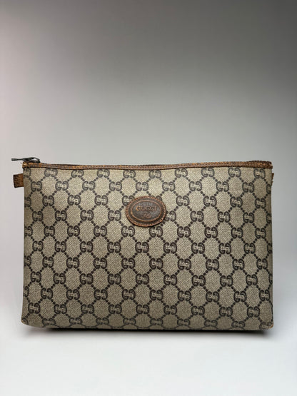Vintage Gucci Monogram Leather Clutch Grey Brown