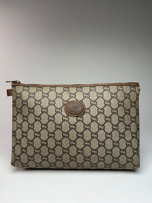 Vintage Gucci Monogram Leather Clutch Grey Brown
