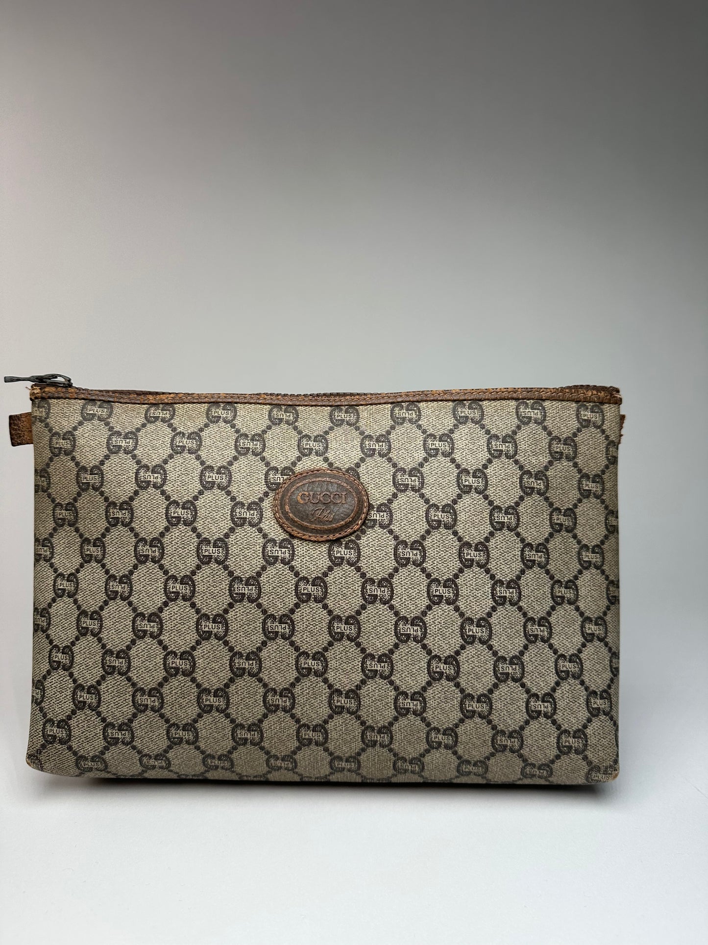 Vintage Gucci Monogram Leather Clutch Grey Brown