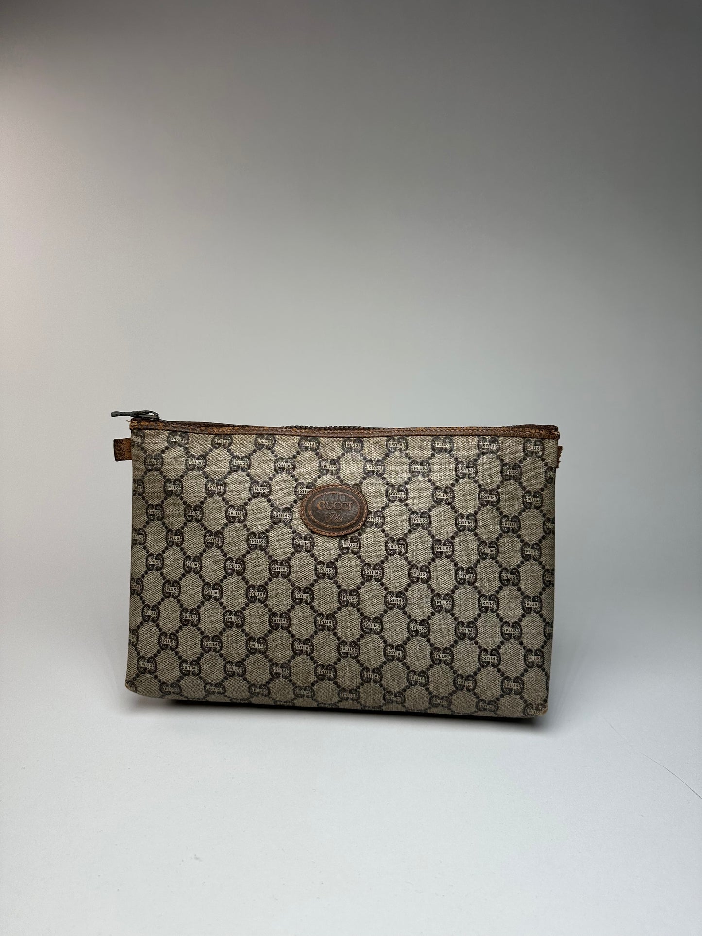 Vintage Gucci Monogram Leather Clutch Grey Brown