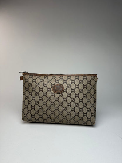 Vintage Gucci Monogram Leather Clutch Grey Brown