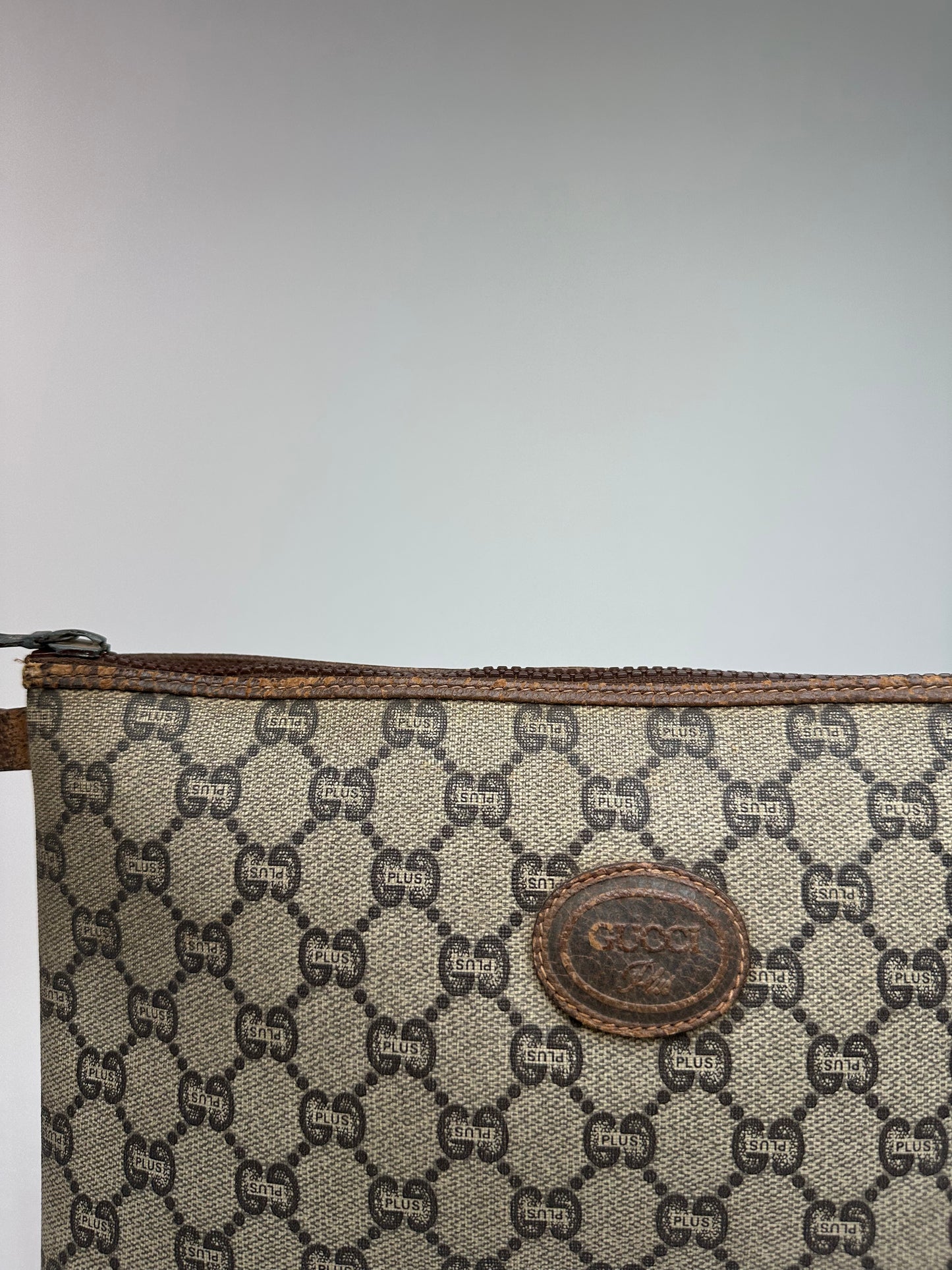 Vintage Gucci Monogram Leather Clutch Grey Brown