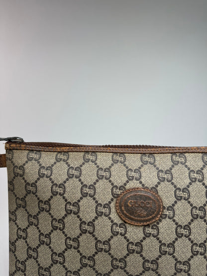 Vintage Gucci Monogram Leather Clutch Grey Brown