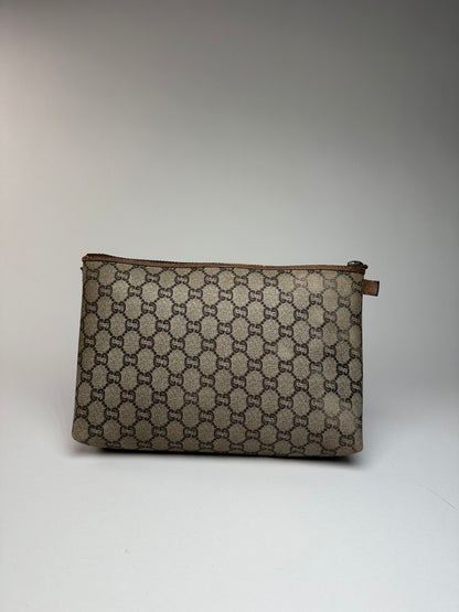 Vintage Gucci Monogram Leather Clutch Grey Brown