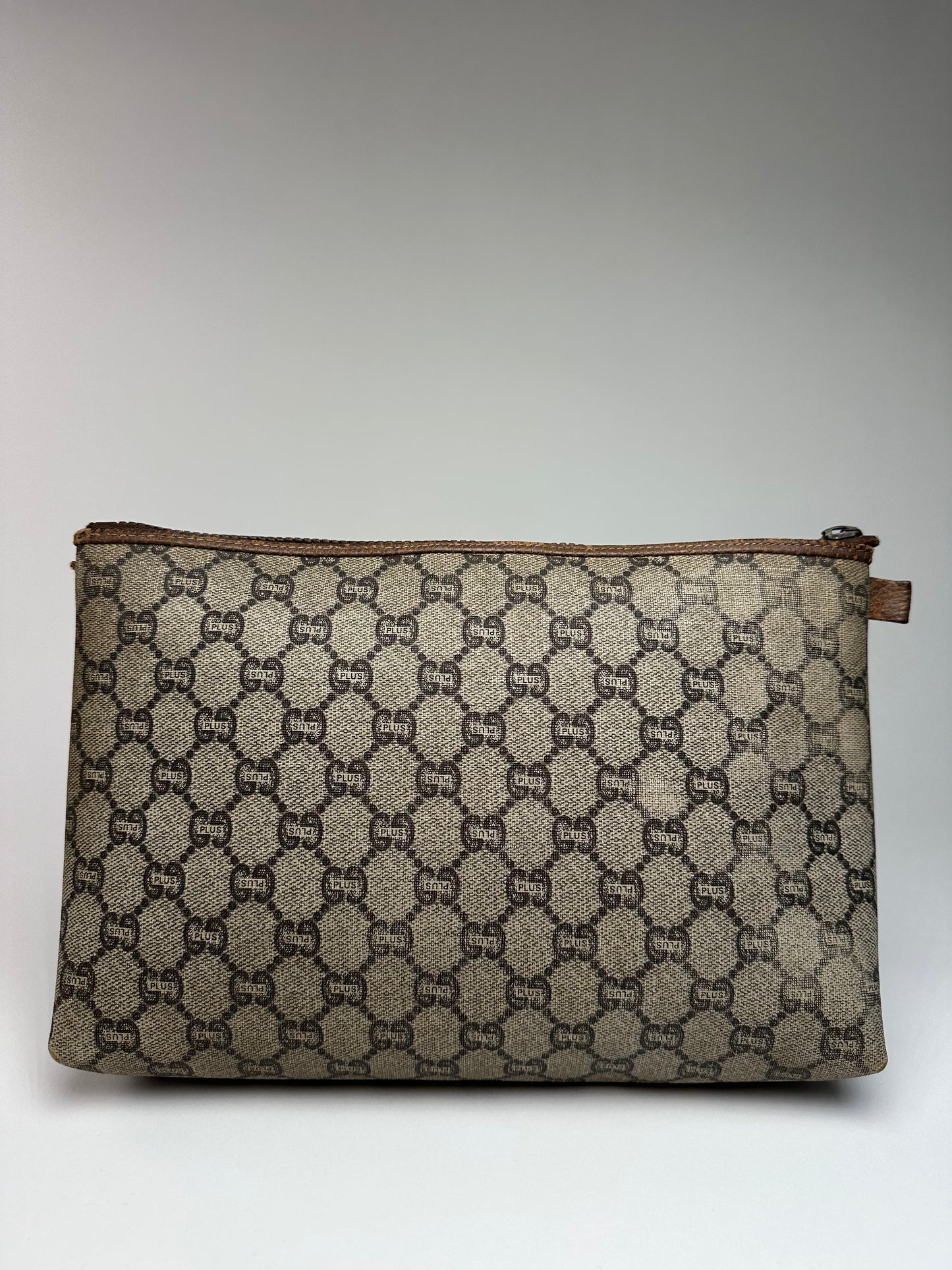 Vintage Gucci Monogram Leather Clutch Grey Brown