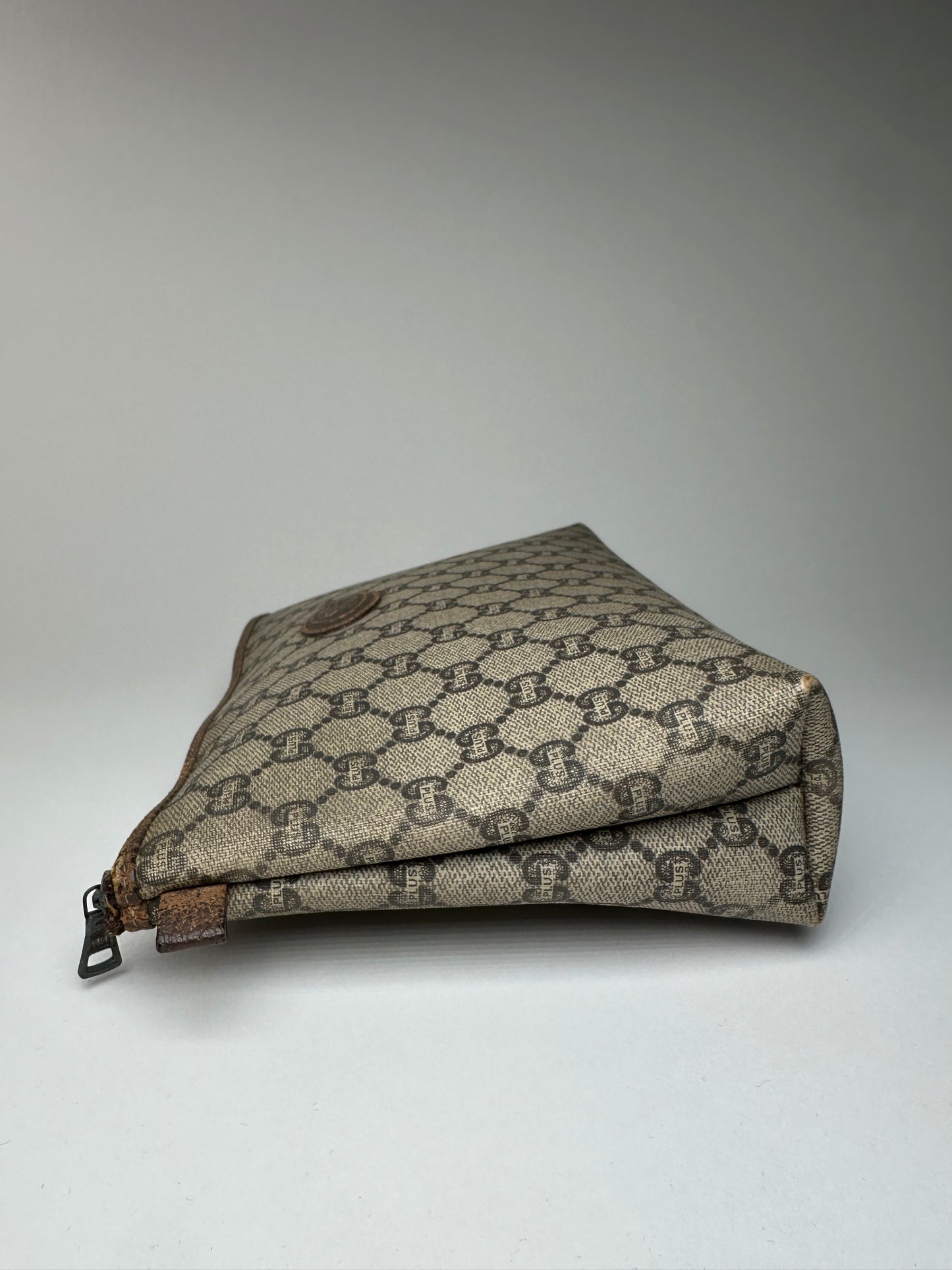 Vintage Gucci Monogram Leather Clutch Grey Brown