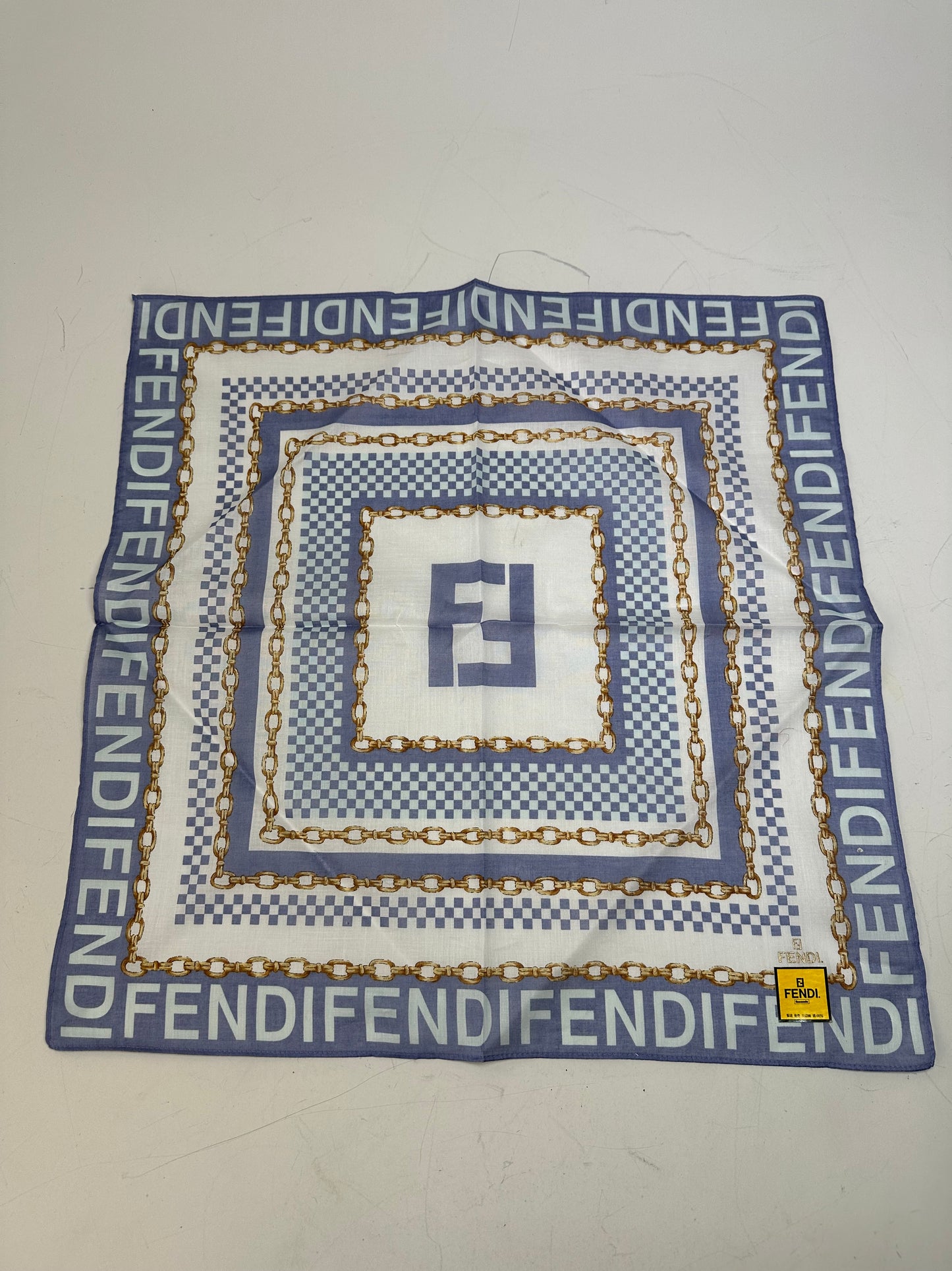 Vintage Fendi FF Logo Silk Scarf Chain Print White Blue Gold
