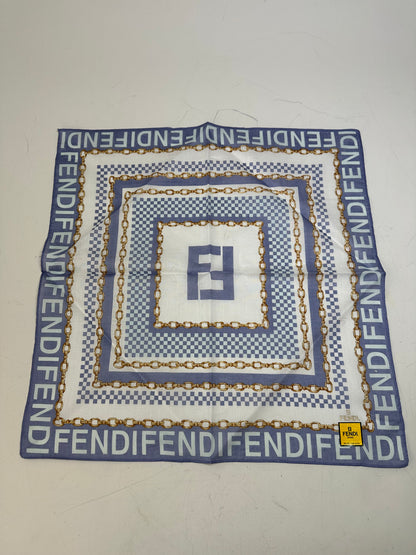 Vintage Fendi FF Logo Silk Scarf Chain Print White Blue Gold